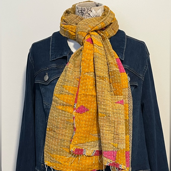 KANTHA SCARF REVERSIBLE TWO SIDED SARI HEAD WRAP DECOR LINEN SARONG - Picture 4 of 11